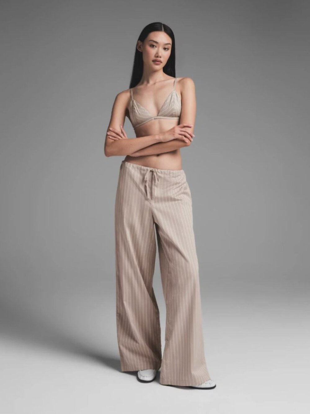 NEW SKIMS Cotton Poplin Wide Leg Pant Neutral Stone Stripe Small NWT